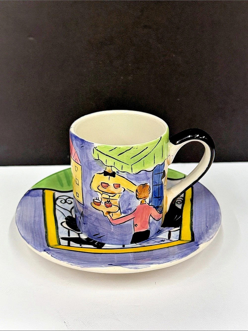 Canhome Hand Painted Thailand Café Scene Cup & Saucer – Whimsical Art